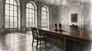 Ilustración editorial en tinta: salón vacío con mesa larga y dos micrófonos