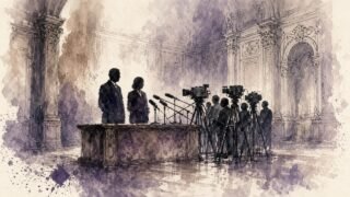 Ilustracin editorial tinta: rueda de prensa en salón oficial.