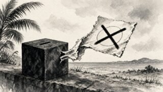 Ilustración editorial en tinta: urna y papeleta con marca nula sobre paisaje costero