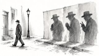 Ilustración en tinta: un candidato camina por la calle seguido por tres grandes sombras de figuras con sombrero proyectadas en un muro.