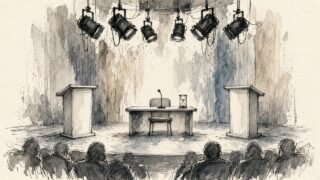Ilustración a tinta: un plató de debate vacío con dos atriles y, al centro, la mesa del moderador con micrófono y reloj de arena