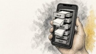 Ilustración en tinta y aguada: una mano sostiene un teléfono cuya pantalla se abre como un archivador con cajones de papeles.